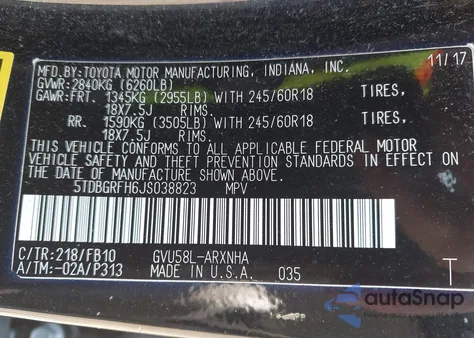 2018 Toyota Highlander Hybrid Le from USA, damaged, VIN 5TDBGRFH6JS038823